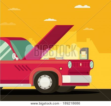 Broken car in town. Vector cartoon flat illustration