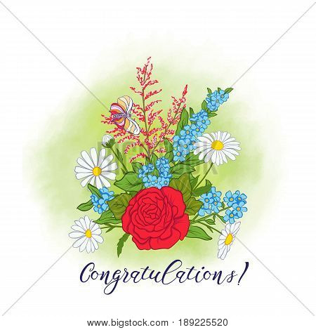 Bouquet with roses and daisies. Traditional European pattern. Stock line vector illustration. Good for postcard