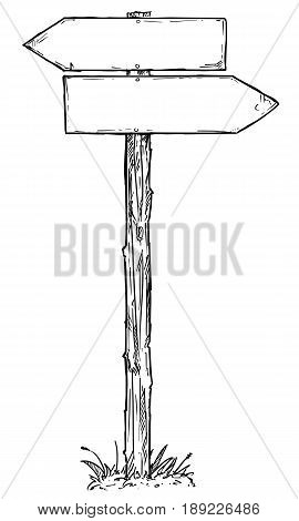 Vector cartoon doodle hand drawn crossroad wooden direction sign with two arrows pointing left and right as decision guide
