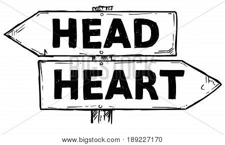 Vector cartoon doodle hand drawn crossroad wooden direction sign with two arrows pointing left and right as head or heart decision guide