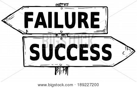 Vector cartoon doodle hand drawn crossroad wooden direction sign with two arrows pointing left and right as success or failure decision guide