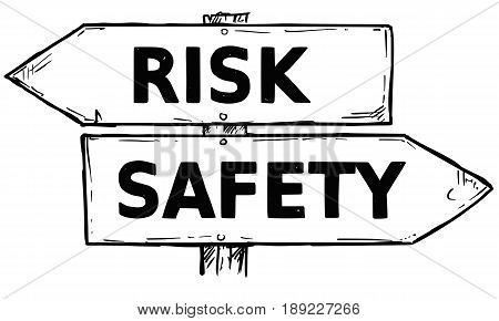 Vector cartoon doodle hand drawn crossroad wooden direction sign with two arrows pointing left and right as risk or safety decision guide