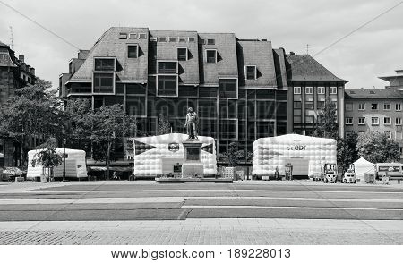 STRASBOURG FRANCE - MAY 18 2016: FFF Tour Federation Francaise de Footaball installation in city center for the upcoming UEFA football soccer Championship empty central square