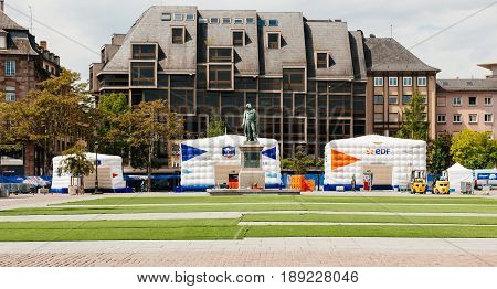 STRASBOURG FRANCE - MAY 18 2016: FFF Tour Federation Francaise de Footaball installation in city center for the upcoming UEFA football soccer Championship empty central square