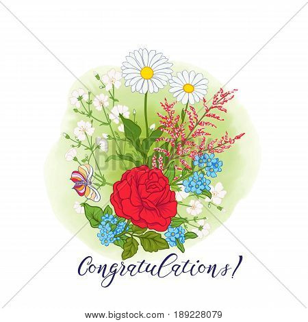 Bouquet with roses and daisies. Traditional European pattern. Stock line vector illustration. Good for postcard