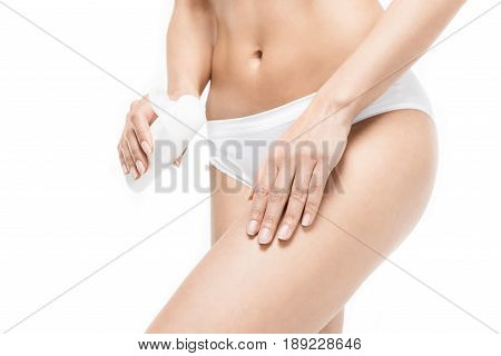 Cropped View Of Woman In White Underwear With Body Lotion Isolated On White