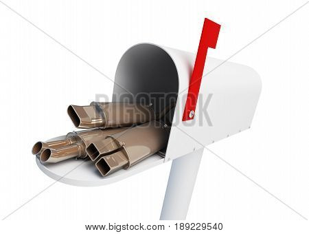 Delivery of car goods auto silencers by mail home Muffler on a white background 3D illustration