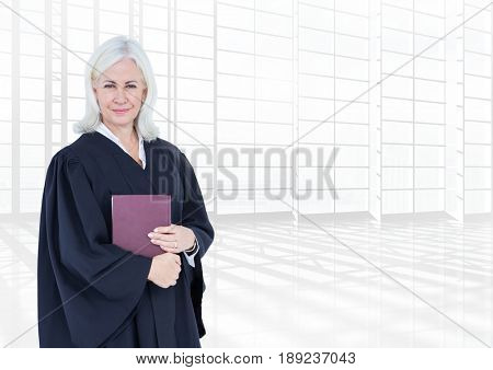 Digital composite of Judge holding book in front of bright windows