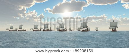 Computer generated 3D illustration with ancient Roman warships
