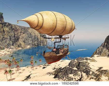 Computer generated 3D illustration with a fantasy airship over a coastal landscape