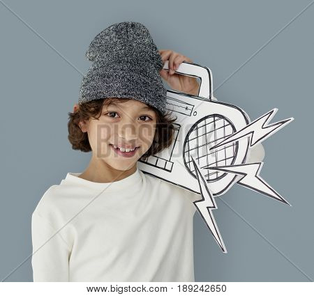 Little Boy Holding Jukebox Smiling Papercraft