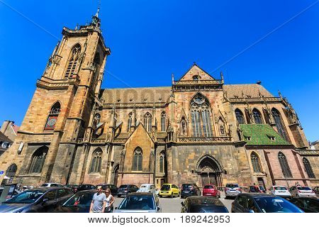 Colmar France - May 26 2017: Cathedral of Saint Martin (Eglise Saint Martin). The 13th-century Saint-Martin Collegiate Church is the main church and principal Gothic monument of Colmar.