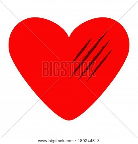 Red heart. Black bloody claws animal scratch scrape track. Cat tiger scratches paw shape. Four nails trace. Funny design element. Flat design. White background. Isolated. Vector illustration