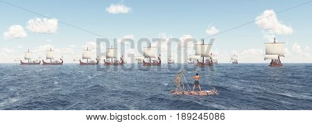 Computer generated 3D illustration with man on a raft and ancient Roman warships