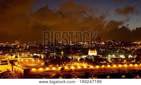 Jerusalem old city lights. Bright lights at night over Jerusalem old city Temple mount, Dome of the Rock and Al Aqsa mosque.
