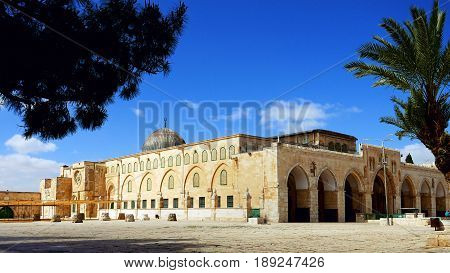 Al-Aqsa Mosque in Jerusalem on the top of the Temple Mount. Al Aqsa mosque is a sacred place for all muslims and islamic people.