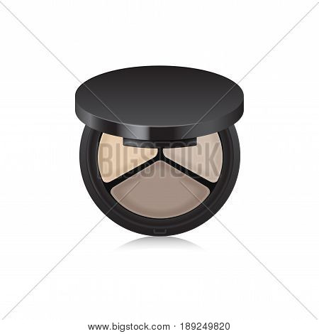 Makeup shadow, bronzer, corrector in black case. Opened box isolated on white background. Mock up template for your design