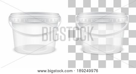 Vector transparent empty plastic bucket for storage of food honey or ice cream. Front view. Packaging template illustration.