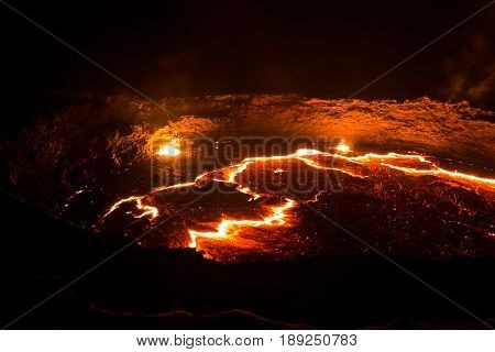 Panorama of Erta Ale volcano crater, melting lava, Danakil depression, Ethiopia