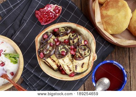 Fried Eggplant with Walnut Sauce. Badridzhani. Georgian cuisine. Top view.