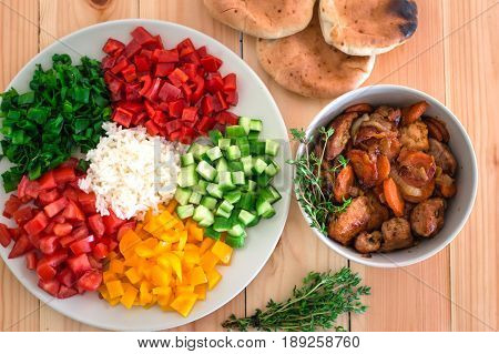 Vegetarian Breakfast. Boiled Rice With Fresh Vegetables. Wooden Background. Close-up. Top View