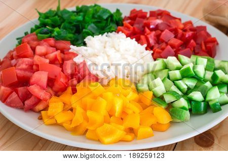 Vegetarian Breakfast. Boiled Rice With Fresh Vegetables. Wooden Background. Close-up. Top View