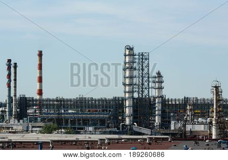 MOSCOW RUSSIA - March 2015: MNPZ Kapotnya Maryno and Brateevo outskirts of UVAO Moscow Russia. view of refinery MNPZ. environmental pollution.