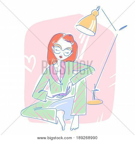 Beautiful woman sitting in her bedroom reading a book. Vector illustration eps 10