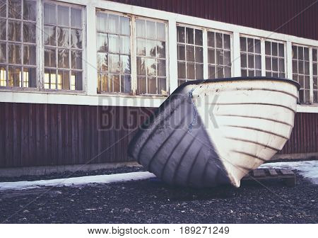 Boat resting on land during the colder months