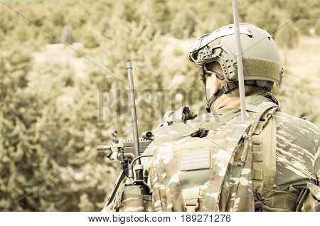 Radio Operator Aim Target With Machine Gun M 249