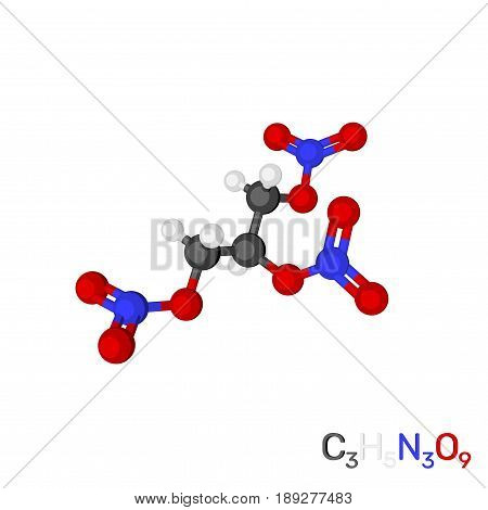 Trinitroglycerin (nitroglycerin) model molecule. Isolated on white background. 3D rendering illustration. Cartoon style.