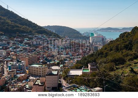 Busan Gamcheon Culture Village colorful and lovely village in South Korea with green mountain and clear blue sky as background