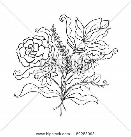 Outline vintage flowers bouquet or pattern in rococo, victorian, renaissance, baroque, royal style. Coloring page. Stock line vector illustration.