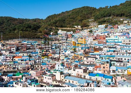 Busan Gamcheon Culture Village colorful and lovely village in South Korea with green mountain and clear blue sky as background