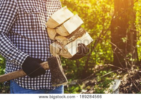 Male Lumberjack in the black-and-white plaid shirt with an ax chopping a tree in the forest.