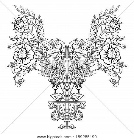 Outline vintage flowers bouquet or pattern in rococo, victorian, renaissance, baroque, royal style. Coloring page. Stock line vector illustration.