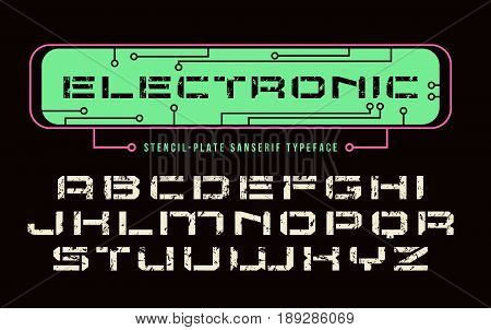 Stencil-plate sanserif font in computer style. Letters with shabby texture. Design for titles and logos. Color print on black background