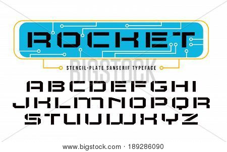 Stencil-plate sanserif font in computer style. Design for titles and logos