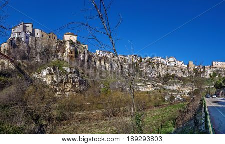 Panoramic view of Cuenca historical center on rocks from Huecar River canyon Spain