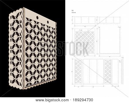 Cut out template for three bottles Wine gift slider Box or Wine Glasses Box (plywood 3 mm). Creative memory bottle pack with geometric design. Scheme is suitable for a laser cutting or printing