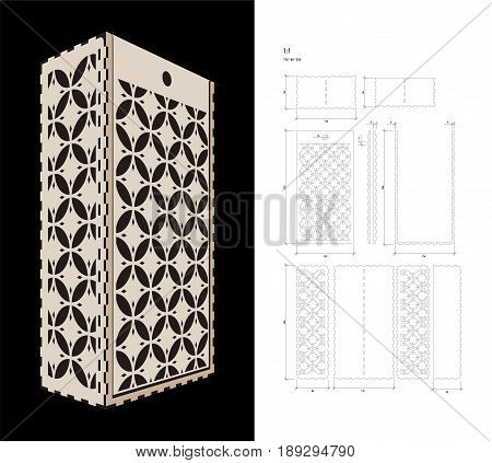 Cut out template for two bottles Wine gift slider Box or Wine  Glass Box (plywood 3 mm). Creative memory bottle pack with geometric design. Scheme is suitable for a laser cutting or printing