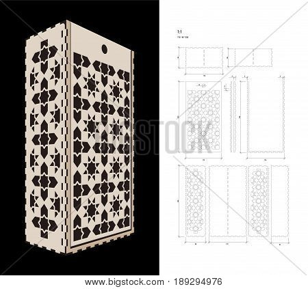 Cut out template for two bottles Wine gift slider Box or Wine  Glass Box (plywood 3 mm). Creative memory bottle pack with geometric design. Scheme is suitable for a laser cutting or printing