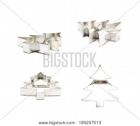 Christmax tree shaped cookie cutter isolated over the white background, set of four different foreshortenings