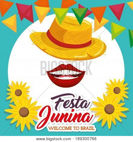 Hat mouth sunflowers and banners with festa junina sign over teal and blue background vector illustration