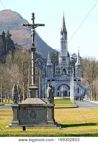 View of the cathedral-sanctuary of Lourdes (France)