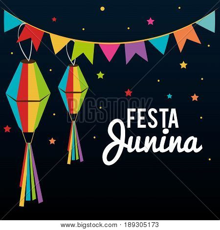 Nighttime sky with colorful stars, banner and lanterns. Festa junina. Vector illustration