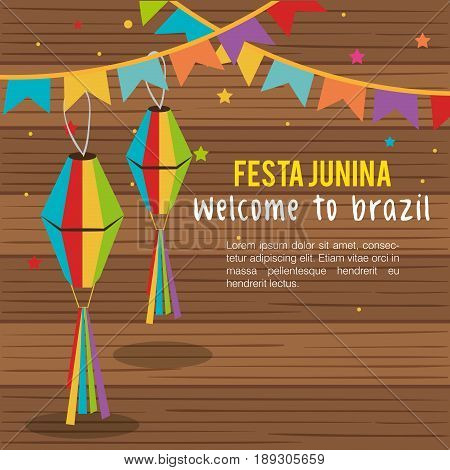 Festa junina infographic with lanterns and banner over wood background. Vector illustration.