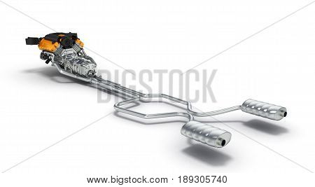 Exhaust Pipes System With Engine Isolated On White Background.3D Illustration.