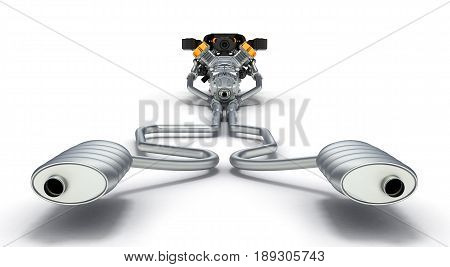 Exhaust Pipes System With Engine Isolated On White Background.3D Illustration.