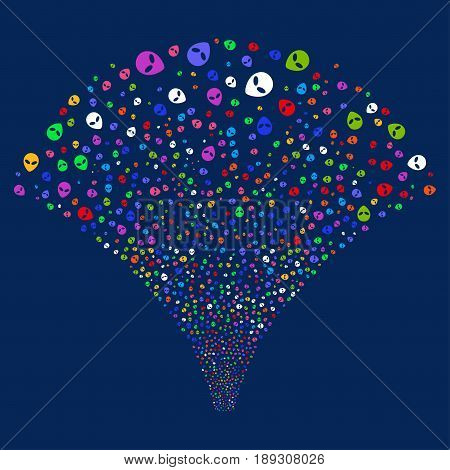 Alien Face salute stream. Vector illustration style is flat bright multicolored iconic symbols on a blue background. Object source fountain organized from random pictograms.